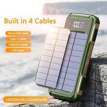 20000 мАч Солнечный Аккумулятор для iPhone 14 13 Samsung Xiaomi 13 Powerbank Портативное Зарядное Устройство Встроенный Кабель Повербанк со Светодиодной подсветкой
