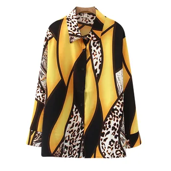 2023 Весенняя новинка, атласная рубашка с леопардовым принтом в стиле пэчворк, женские блузки-поло в корейском стиле с длинными рукавами, элегантный модный повседневный топ