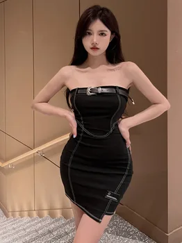 2023 Летнее женское новое Сексуальное джинсовое платье Spicy Girl, обтягивающий грудь пояс, модное эластичное платье с высокой талией, обтягивающее бедра GN65