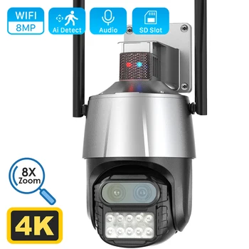 8-Мегапиксельная 4K PTZ IP-камера с двойным объективом и 8-кратным зумом Аудио Наружная WiFi-камера Обнаружение движения Полицейская световая сигнализация Камера видеонаблюдения