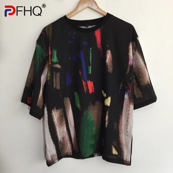PFHQ Мужские Шелковистые топы с абстрактной печатью Высокого уровня, Китай-Шикарные Красивые футболки Ins Свободного Кроя с рукавом Три четверти 21Z1542
