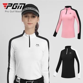 PGM Осенняя женская рубашка для гольфа, женские лоскутные тонкие топы с длинными рукавами, Женская футболка для гольфа на молнии со стоячим воротником, мягкая спортивная одежда для отдыха
