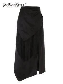 TWOTWINSTYLE, облегающее для похудения, для женщин, с высокой талией, с разрезом, в стиле пэчворк, с кисточками, Элегантные асимметричные юбки, Новинка женской моды