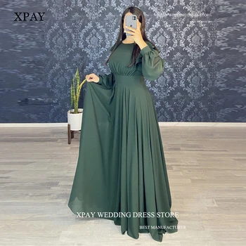 XPAY Скромные Темно-зеленые шифоновые вечерние платья трапециевидной формы С длинными рукавами и круглым вырезом, Арабское платье для матери, Простое платье для выпускного вечера