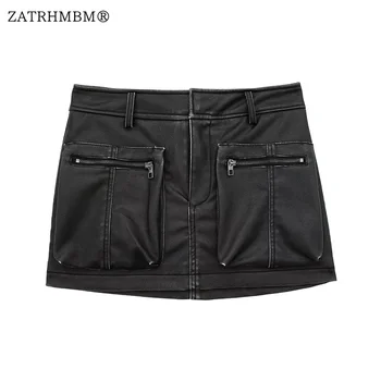 ZATRHMBM Женские 2023 Новые модные мини-юбки из искусственной кожи с винтажным карманным украшением, женские юбки на молнии с высокой талией Mujer