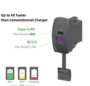 Автомобильное зарядное устройство PD Type C/QC 3.0 USB, 12-24 В, светодиодный дисплей, автомобильный адаптер питания мощностью 45 Вт, быстрая зарядка, автомобильный разветвитель для мобильного телефона