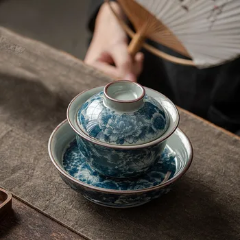 Антикварная Полноцветная Керамическая Открывающаяся Гайвань Для Чая Голубая Супница Набор Чайной Посуды Китайская Чайная Чаша Chawan Lily Deng's Store Tea Cup