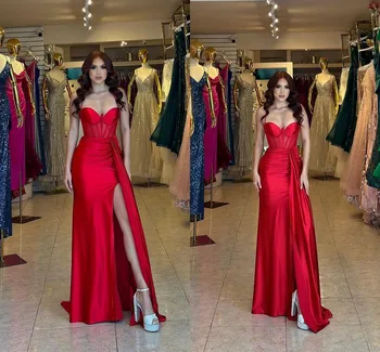 Арабские красные платья-футляры для выпускного вечера, длинные женские платья из атласа с открытой спиной, длиной до пола, с разрезом по бокам, для официальных мероприятий, вечерние платья