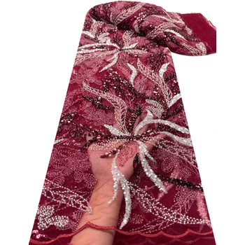 Африканская кружевная ткань ручной работы из бисера 2023 Высокое качество 5 ярдов Нигерийская вышивка блестками Тюль Кружевная ткань для свадьбы T581