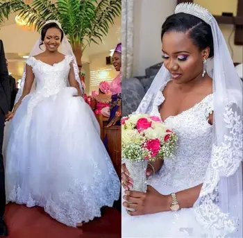 Африканское нигерийское бальное платье, свадебные платья Плюс размер, V-образный вырез, кружевная аппликация с блестками, шлейф, многоуровневое свадебное платье из тюля