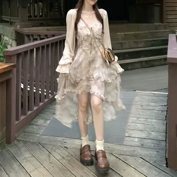 Бесплатная доставка Кардиган + юбка на подтяжках, новое платье-слинг Ink Jiangnan, элегантное длинное платье с цветочным рисунком, летнее/S-M-L