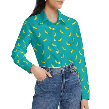 Блузка с банановым принтом Женская ЗеленоЖелтая Повседневные Свободные блузки Модные Рубашки с длинным рукавом Графический Топ Большого размера 2XL 3XL