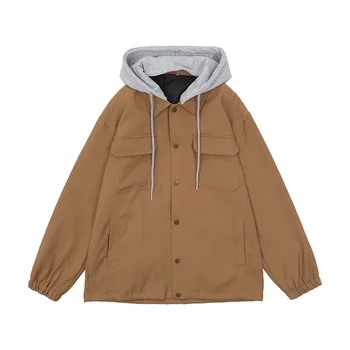 Весенне-осенняя куртка, мужские универсальные куртки с капюшоном в стиле Харадзюку, Лоскутная подделка, повседневная мужская уличная одежда из 2 предметов, Ветрозащитное тонкое пальто