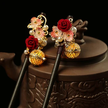 Винтажная роза, цветок, светящийся фонарь, шпилька для волос в китайском стиле Hanfu, палочка для волос, ретро Деревянная шпилька, аксессуары для волос