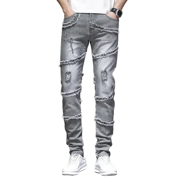 Джинсы в стиле пэчворк, мужские джинсы в стиле хип-хоп, Приталенная стрейчевая серая уличная одежда, мужские джинсовые брюки, потертые рваные Джинсы оригинального дизайна в стиле панк