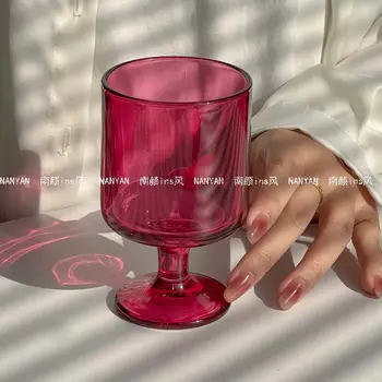 Европейская Винтажная Стеклянная чашка Розово-красная Стеклянная чашка с высокой Ножкой Средняя Антикварная Чашка для кофе, сока и напитков Премиум-класса Кружка для дома