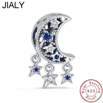 Европейский S925 Стерлинговое серебро Синий AAA CZ Луна Звезды Бусина-шарм своими руками для оригинальных женских браслетов, ожерелий, цепочек ювелирных изделий