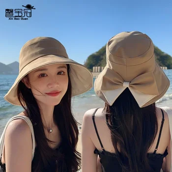 Женская Рыбацкая шляпа с защитой от солнца 2023 Летняя Новая Рыбацкая шляпа с бантом для путешествий на открытом воздухе, Универсальная Модная Солнцезащитная шляпа с большими полями
