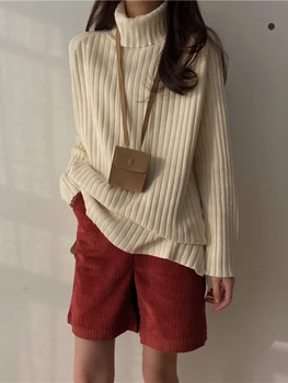 Женский пуловер Модный для поездок на работу с высоким воротником Однотонный Корейский вариант Свободный Универсальный женский вязаный свитер