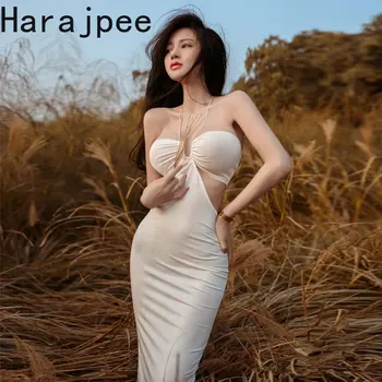 Женское вечернее платье Harajpee в Европейском и Американском стиле 2023, сексуальное, с Ажурной оберткой на шее, Праздничное, Тонкое, с разрезом, Длинные Вечерние платья