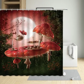 Занавеска для душа с фантазийными грибами, Сказочные Лесные растения, Цветы, Декор стен детской ванной комнаты с водонепроницаемым экраном, подвешенным на крючок