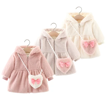 Зимнее меховое хлопчатобумажное пальто с длинными рукавами для новорожденных девочек, утолщенное детское пальто с капюшоном, модная детская одежда, бесплатная сумка