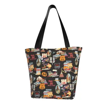Изготовленные на Заказ Ретро-знаки Маршрута 66, Холщовая сумка для покупок, Женские Моющиеся сумки для покупок, ориентиры для поездок, сумки для покупок