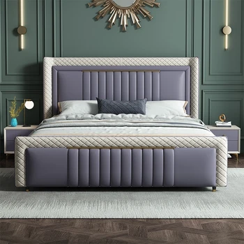 Итальянская легкая роскошная кожаная двуспальная кровать King size, простая современная роскошная многофункциональная мягкая кровать, набор мебели для спальни