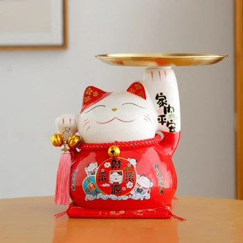 Керамический Счастливый Кот с Лотком Для Хранения Maneki Neko Статуя Кота Удачи Копилка-Органайзер для Украшения Стола в Прихожей Дома