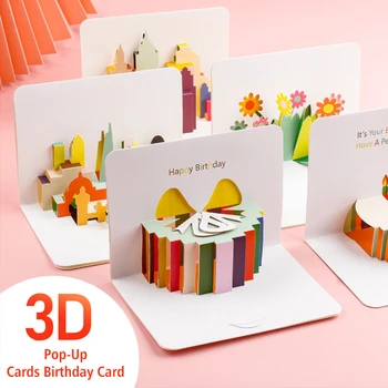Креативные 3D всплывающие поздравительные открытки с мультяшными животными, Торт с цветами, Дизайн, Сложенные открытки, Поздравительные открытки для вечеринки по случаю Дня рождения, Праздничные принадлежности