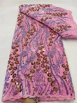 Кружевная ткань с вышивкой в нигерийском стиле, высококачественный шнур, Золотой, белый, Французская сетка, Свадебное платье, 5 ярдов, 2023 г.