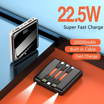 Мини-банк питания 20000 мАч Внешний аккумулятор 22,5 Вт Сверхбыстрая зарядка Powerbank для iPhone 14 13 Samsung Xiaomi с зеркальным экраном