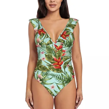 Модное женское бикини с тропическим рисунком, цельный пляжный купальник с V-образным вырезом, купальный костюм S