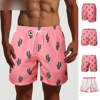 Мужские быстросохнущие плавательные шорты, однотонные плавательные пляжные шорты с рисунком кактуса, мужские летние купальники с сетчатой подкладкой
