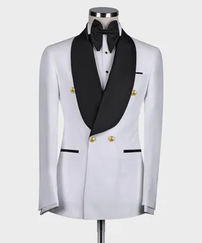 Мужские модные костюмы Двубортный пиджак Брюки 2 шт. Формальный деловой костюм для выпускного вечера Белый Смокинг жениха на свадьбу