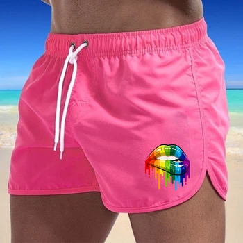 Мужские шорты с принтом губ, спорт, повседневный фитнес, Дышащий тренировочный шнурок ярких цветов, Свободные Мужские пляжные брюки S-3XL