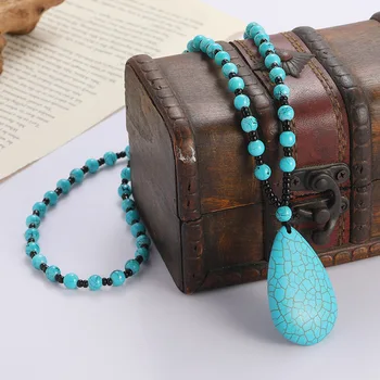 Натуральное бирюзовое ожерелье с подвеской в виде капли воды для женщин и мужчин, Кварцевый драгоценный камень, колье с целебной энергией, этнические ювелирные изделия, подарки