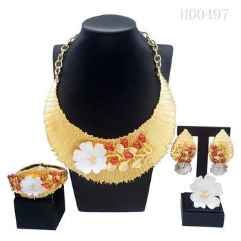 Новые украшения для женщин, Большое ожерелье в форме бутона, высококачественная позолоченная бижутерия, Изысканные Серьги, браслет, кольцо, комплект Бесплатная Доставка