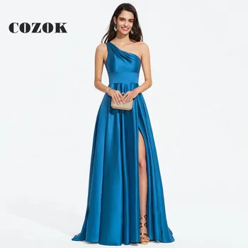 Новые элегантные синие атласные Длинные вечерние платья для женщин трапециевидной формы с одним плечом, вечерние платья нестандартного размера