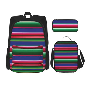 Новый цветной школьный рюкзак в полоску, базовый холщовый рюкзак, повседневный рюкзак, офисная школьная сумка, пенал, комбинация пакетов для ланча