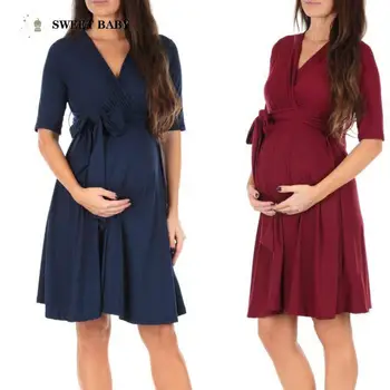 Одежда для беременных, Шифоновое женское платье с V-образным вырезом и короткими рукавами, Темпераментный эластичный регулируемый ремень на талии, платье для беременных