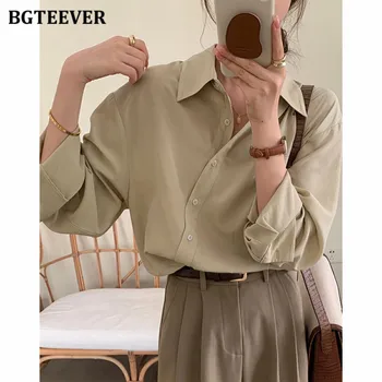 Однобортные женские рубашки BGTEEVER в повседневном стиле с лацканами, осенние свободные женские однотонные блузки с длинным рукавом, элегантная женская одежда