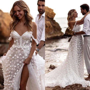 Пляжное свадебное платье трапециевидной формы, сексуальные свадебные платья с открытыми плечами и 3D цветами, бусины на заказ, большие размеры, платья для невесты с разрезом по бокам