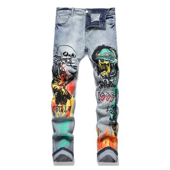 Рваные джинсовые брюки в стиле хип-хоп с винтажным принтом, выстиранные джинсовые брюки с рисунком черепа Харакудзу для мужчин Slim Fit
