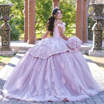 Розовое Бальное платье С открытыми плечами И Оборками, Пышное платье С Аппликацией, Кружевной Корсет с 3D Цветами, Sweet 15 Vestidos De XV Años