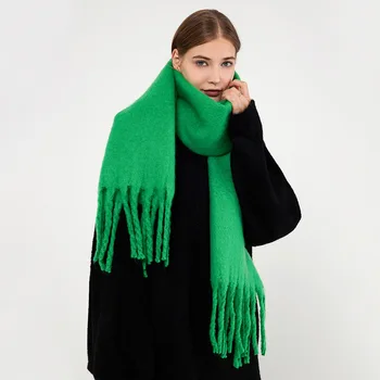 Роскошный Кашемировый Яркий однотонный женский шарф, зимняя шаль и обертка, Бандана с кисточками из Пашмины, женский платок, толстое одеяло