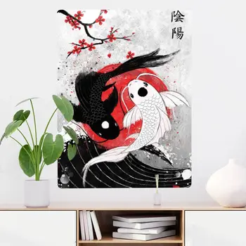 Рыба Koi Yin Yang Ruby Art Металлическая жестяная вывеска Декор Жестяная пластина Проста в установке Изысканный декор Гаража