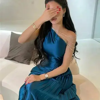 Саудовская Аравия Синие Длинные женские вечерние платья трапециевидной формы на одно плечо длиной до щиколотки плиссированные платья для выпускного вечера Вечернее платье