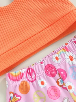 Укороченный топ с цветочным принтом для маленькой девочки и расклешенные брюки с оборками для летнего наряда