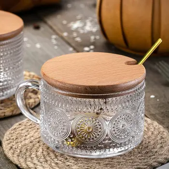 Чашка с тиснением и ручкой Стеклянные чашки в ретро-скандинавском стиле Кофейная Стеклянная чашка Кружка для завтрака с овсянкой